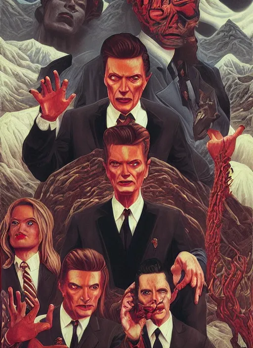 Image similar to twin peaks poster art, portrait of the demons of the black lodge have got david bowie swapped around their finger, by michael whelan, rossetti bouguereau, artgerm, retro, nostalgic, old fashioned