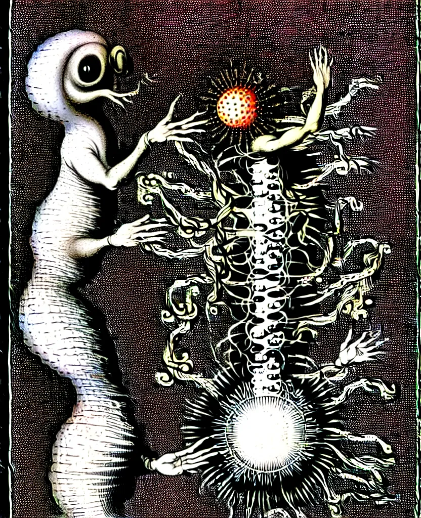 Image similar to whimsical freaky creature sings a unique canto about'as above so below'being ignited by the spirit of haeckel and robert fludd, breakthrough is iminent, glory be to the magic within