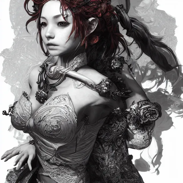 Image similar to the portrait of chaotic neutral female rogue as absurdly beautiful, gorgeous, elegant, innocent young gravure idol, an ultrafine hyperdetailed illustration by kim jung gi, irakli nadar, intricate linework, bright colors, octopath traveler, final fantasy, unreal engine 5 highly rendered, global illumination, radiant light, detailed and intricate environment