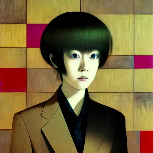 Image similar to yoshitaka amano blurred and dreamy realistic three quarter angle portrait of a young woman with short hair and black eyes wearing office suit with tie, junji ito abstract patterns in the background, satoshi kon anime, noisy film grain effect, highly detailed, renaissance oil painting, weird portrait angle, blurred lost edges