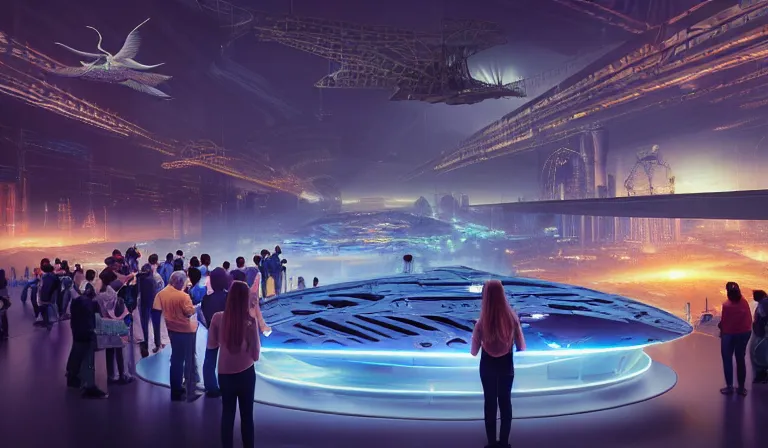 Prompt: crowd of people in large open museum, looking at hologram of futuristic city on a table, cinematic concept art, godrays, golden hour, natural sunlight, 4 k, clear details, tabletop model buildings, center model buildings, hologram center, crane shot, crane shot, crane shot