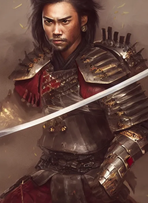 Prompt: full portrait of male sword and board japanese samurai by wlop, katana, shield, japanese heavy armor, o - yoroi, detailed, realistic, anatomically accurate, fantasy illustration, artstation, wlop, 4 k.