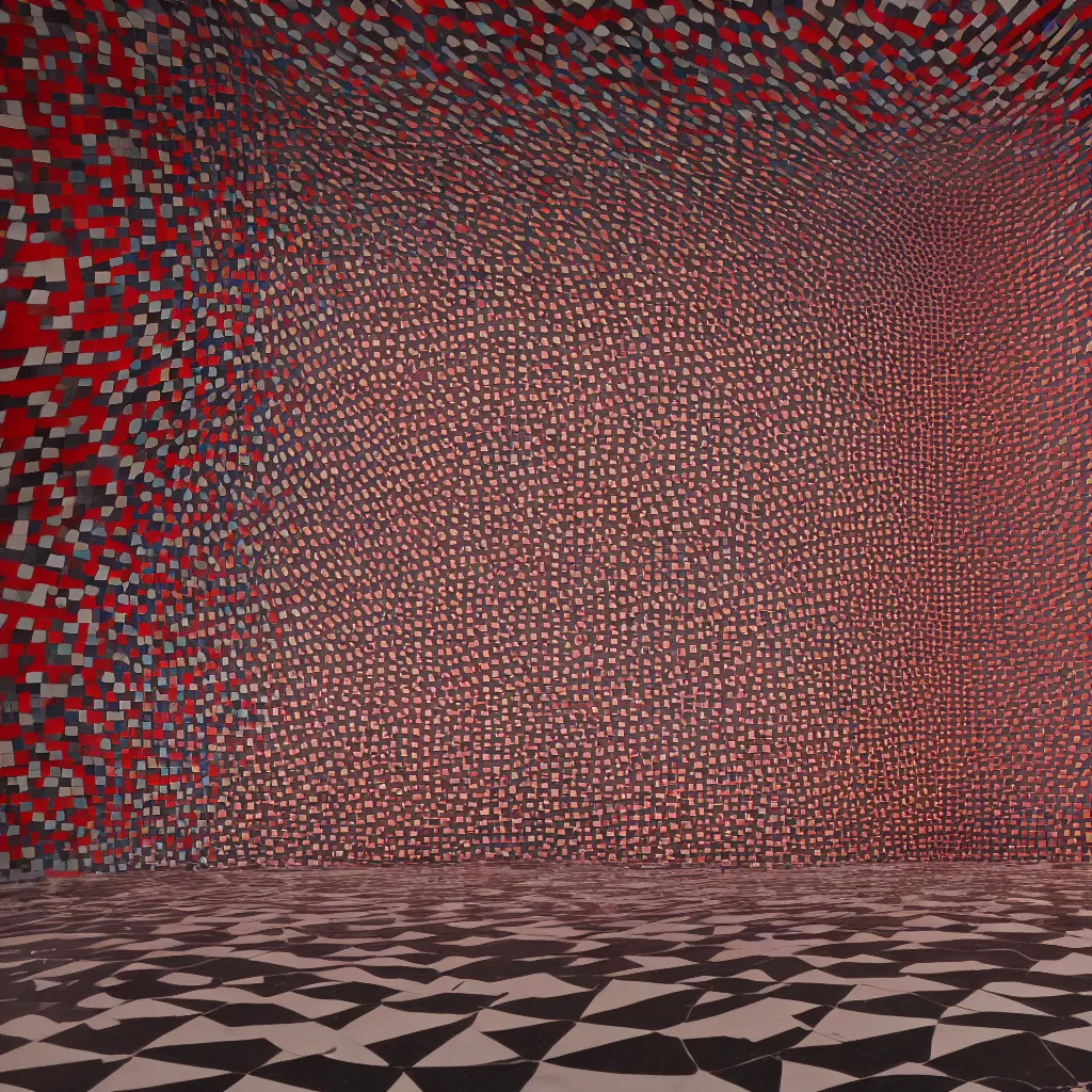 Prompt: a reflective sphere in the center of a room the black lodge, checkerboard tiled floor and red curtains