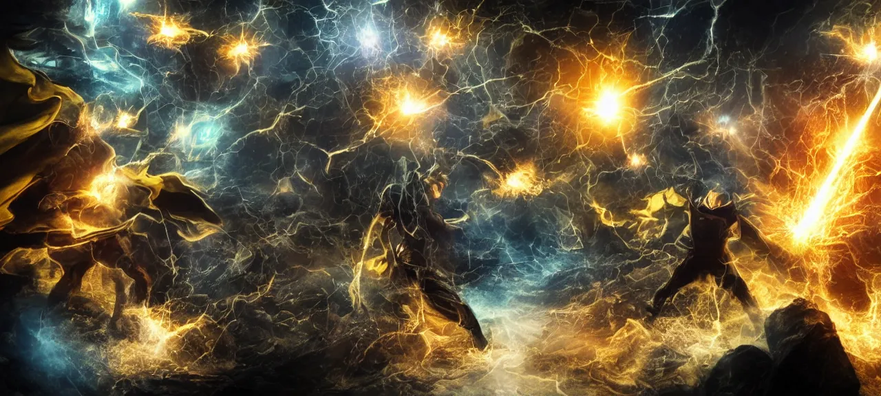 Prompt: Photorealistic image of six wizards fighting in dark cave with DC comic character Black Adam and shoot fireballs from their magic staffs, dark ancient atmosphere, glowing bouncing particles and energy strings randomly flying in space and bouncing from ground and walls, dramatic lighting, fluidy particles rising from ground, realism of hollywood movie with incredible amount of fine details