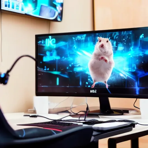 Image similar to the hamster with headphones is sitting at the computer on rgb gaming chair and playing computer