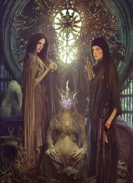 Image similar to mindcontrol inside covens den, intricate wiccan scene detailing, textless, masked wiccan photorealistic figures, hyperdetailed, photorealistic, diffuse lighting, hdrp, artstation, unreal 5, smooth, sharp focus, art by john collier, albert aublet, krenz cushart, artem demura, alphonse mucha