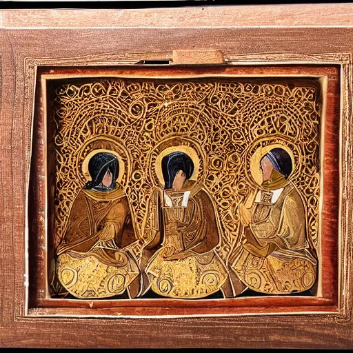 Prompt: Amazed 3 sisters of the congregation open the intricate wooden box, golden light shines on their faces while they open the lid, highly detailed