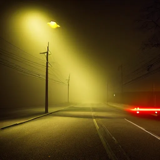 Image similar to A stunningly beautiful award-winning 45 degree down angle 8K high angle cinematic movie photograph of a spooky foggy lightless main intersection in an abandoned 1950s small town at night, by David Fincher and Darius Khonji, cinematic lighting, perfect composition, moody low key volumetric light. Color palette from Seven, greens yellows and reds. 2 point perspective, high angle from 15 feet off the ground. Octane render