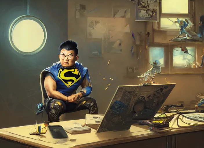 Image similar to an insanely detailed painting of an asian man wearing a homemade superhero costume, sitting at a desk, staring seriously at the computer and typing, in the style of peter mohrbacher, james jean, artgerm, dramatic lighting and composition, surreal background, octane render, pixar, trending on artstation, concept art, comic book, view from behind, 8 k