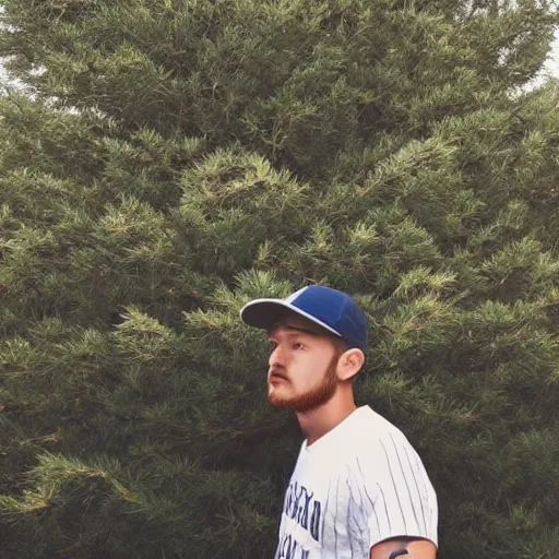 Image similar to a man in a baseball cap standing in front of a tree, a picture by Mac Conner, reddit, postminimalism, handsome, bryce 3d, aesthetic