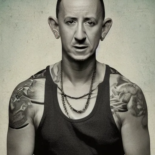 Prompt: portrait of chester bennington in a tank top singing, in the style of grant wood