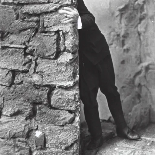 Image similar to A terrified young man in 1930s attire cornered with his back against a stone wall