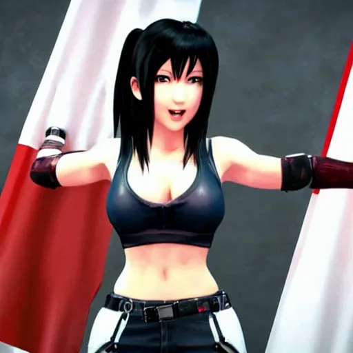 Image similar to Tifa Lockhart from the new Final Fantasy VII Remake (2020) laughing with the Italian flag in the background