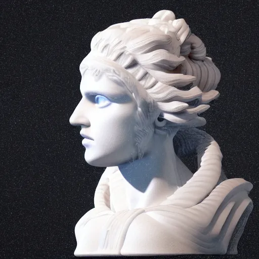 Prompt: sci - fi cgartist wide shot anaglyph ambient occlusion rendering of a hyper realistic marble greek statuary regal goddess head glowing with embedded vaporwave leds product photo high key colored lighting, trending on artstation volumetric lighting