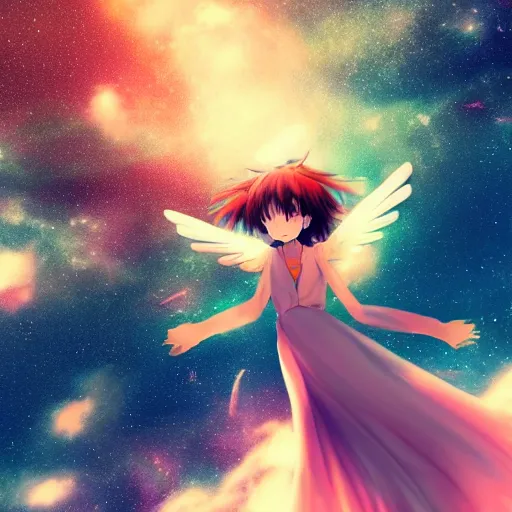 Image similar to Anime girl flying through space with a lucid dream feeling, cinematic, beautiful colours, pretty composition