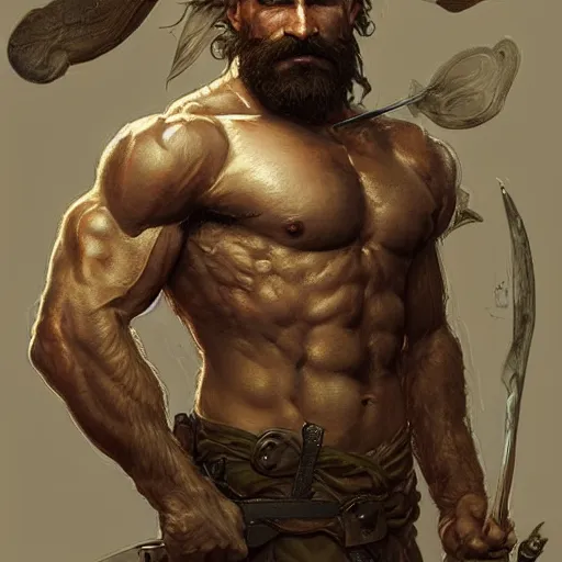 Prompt: portrait of a rugged ranger, 2 5 years old, muscular, upper body, hairy torso, d & d, fantasy, intricate, elegant, highly detailed, digital painting, artstation, concept art, smooth, sharp focus, illustration, art by artgerm and greg rutkowski and alphonse mucha