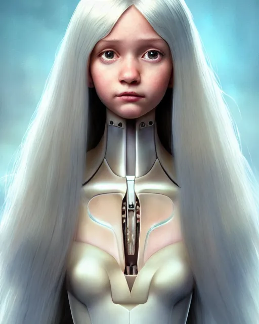 Prompt: weta disney pixar movie still head and torso portrait photo of young millie alicia bobby vikander brown with long white hair as thoughtful intricate detailed mechanical white plastic cyborg girl by pixar, by weta, wlop, ilya kuvshinov, rossdraws, artgerm, latex, iridescent, bright morning, anime, liosh, mucha