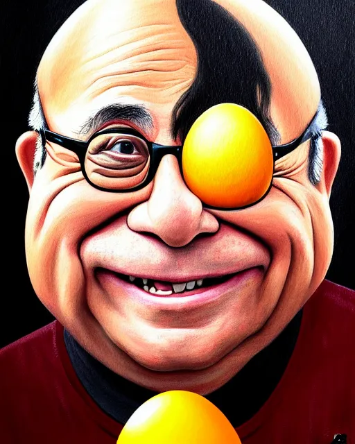 Image similar to painting portrait of danny devito as an egg, cartoon, warm lighting, danny devito has an egg body, movie poster, illustration by bartek fedyczak, erak note, tooth wu, neil richards, kan liu, siwoo kim, jisu choe, trending on art station