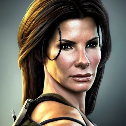 Image similar to hyperrealist portrait of sandra bullock as lara croft. fantasy art, photo realistic, dynamic lighting, artstation, poster, volumetric lighting, very detailed faces, 8 k, award winning