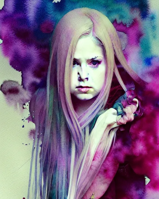 Prompt: avril lavigne portrait. intricate, amazing composition, colorful watercolor, by ruan jia, by maxfield parrish, by marc simonetti, by hikari shimoda, by robert hubert, by zhang kechun, illustration, gloomy, volumetric lighting, fantasy