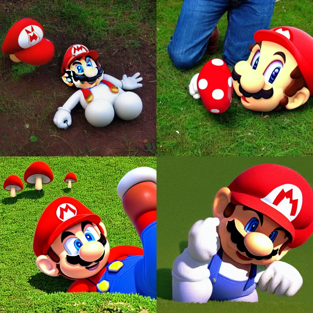 Prompt: Super Mario lying on the ground staring and laughing at a mushroom, HD photograph