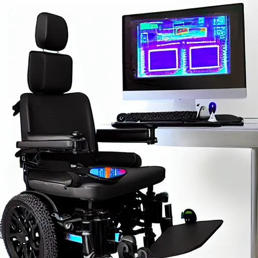 Image similar to a cyberpunk electric wheelchair with a computer stand