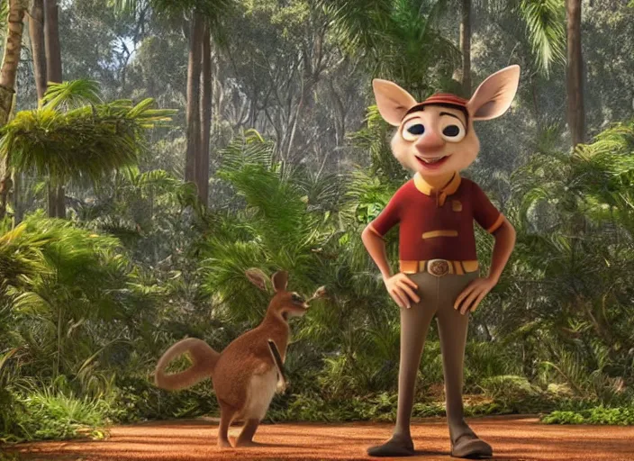 Prompt: a still from a pixar movie, of a kangaroo wearing a brown adventurer hat and explorer clothes, standing in a tropical forest, hd 4 k high detailed