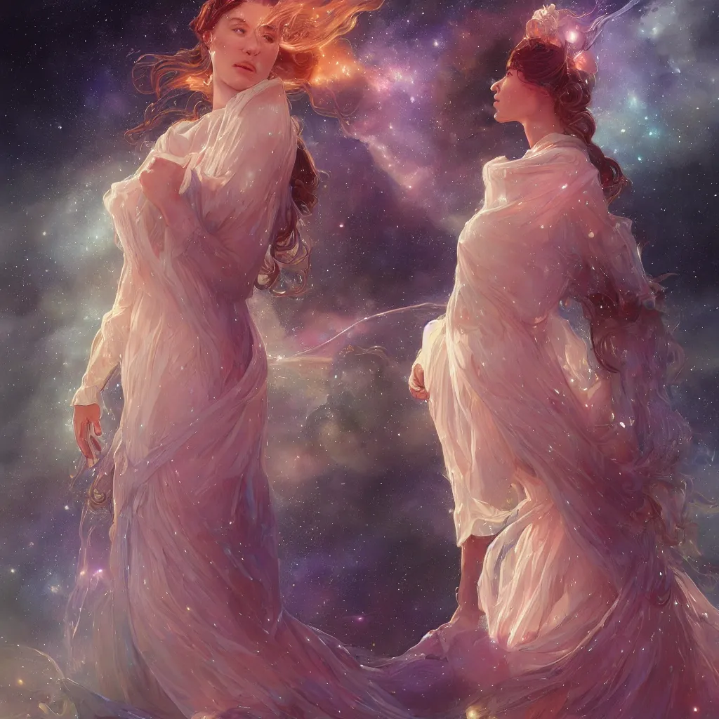 Image similar to girl wearing a dress made out of the nebula, ultra realistic illustration, alanis guillen, intricate, elegant, highly detailed, digital painting, artstation, concept art, smooth, sharp focus, illustration, art by artgerm and greg rutkowski and alphonse mucha