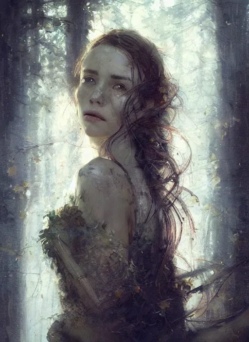 Image similar to golden leaves, beautiful portrait painting by jeremy mann, a female witch absurdly beautiful, elegant, ultrafine hyperrealistic detailed face illustration by wlop and artgerm and greg rutkowski, intricate linework, sharp focus, smooth, octopath traveler, final fantasy, unreal engine, dramatic lighting, ethereal, 8 k