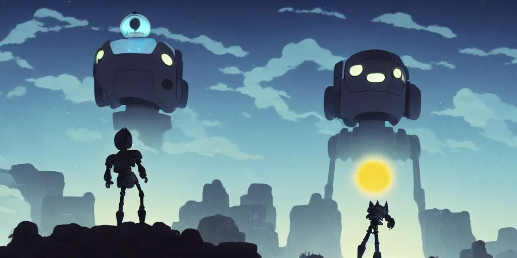 Image similar to Iron Giant, Very Cloudy Sky, Sun, Neon Lights, Subject in Middle, Rule of Thirds, 4K, Retrofuturism, Castlevania, Fantasy, hollow knight, Studio Ghibli, Simon Stålenhag