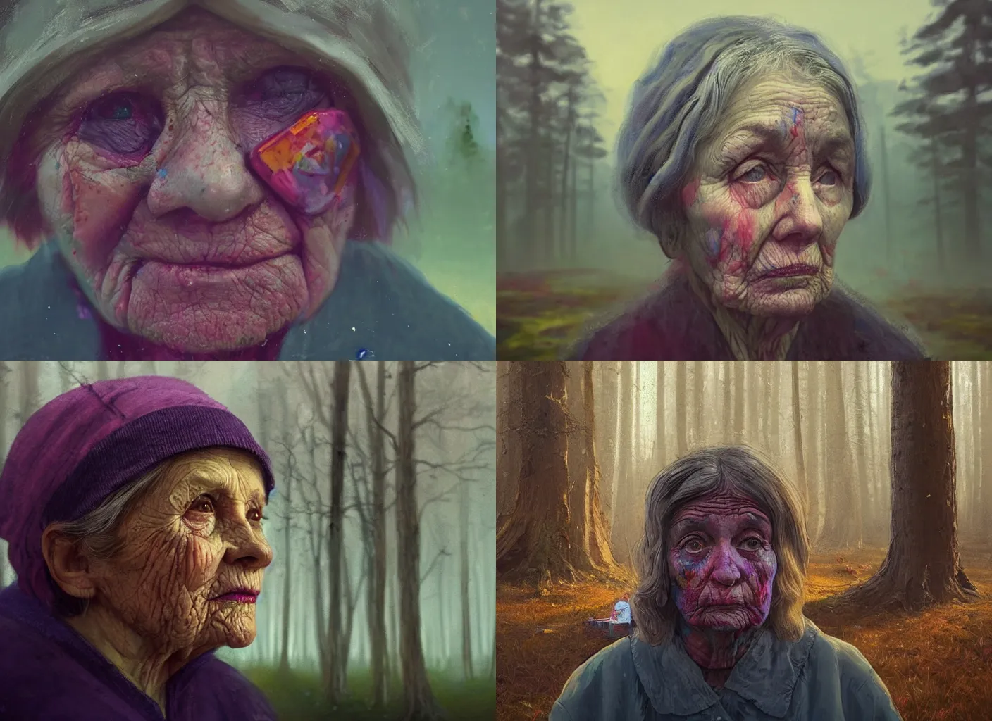 Prompt: close up portrait of an old woman with a strict face and dirty clothes, forrest in the background, depth of field, blurred background, moody, utopian, dramatic lighting, vivid, colourful, saturated, matte painting, in the art style of Simon Stalenhag