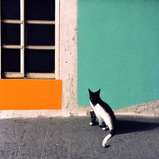 Prompt: medium of a sharp shadow!! of a cat!! only cat shadow at the wall in the street, colours, polaroid photo