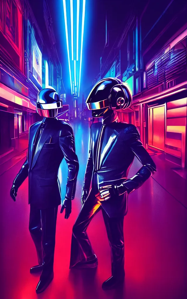 Image similar to concept art of daft punk at a magnificent dark neon futuristic cyberpunk city bustling street at night cyberart by liam wong in the film akira rendered in octane, 3 d render, trending on cgsociety, blender 3 d