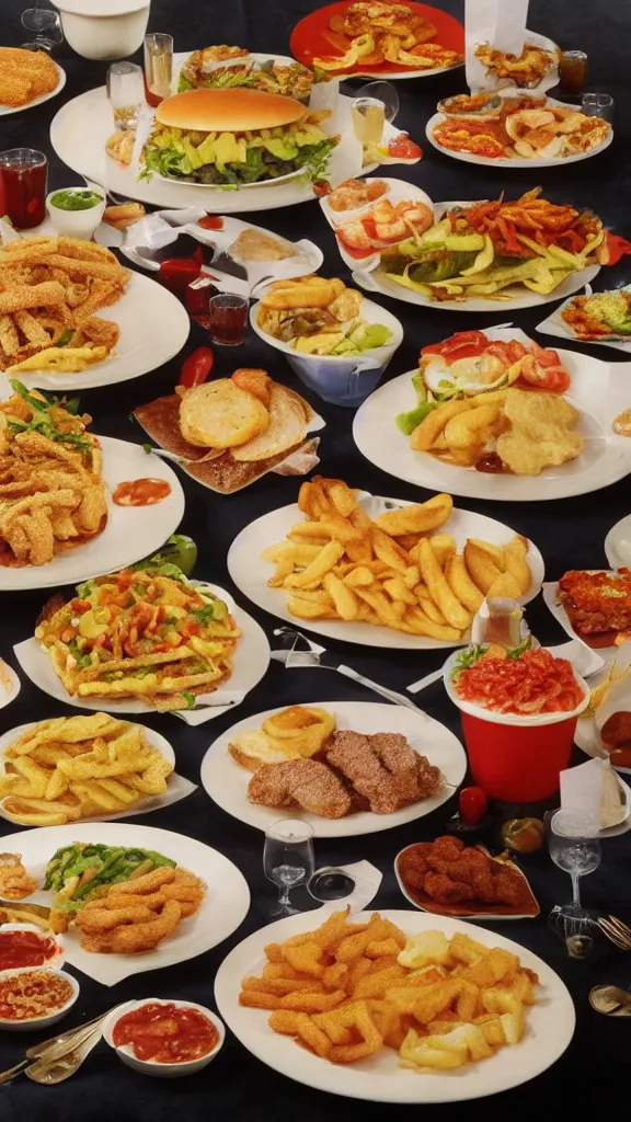 Prompt: 6 0 s food photography of a lavish spread of fast food from mcdonald's, on a velvet table cloth, soft focus