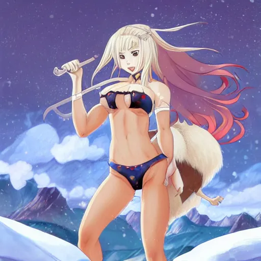 Image similar to bicolor - eyed blonde muscular anime girl warrior in bikini riding a polar bear in the snowy mountains background, epic fantasy digital painting, illustration by james jean and artgerm and mina petrovic and timothy kong and marina federovna, artstation