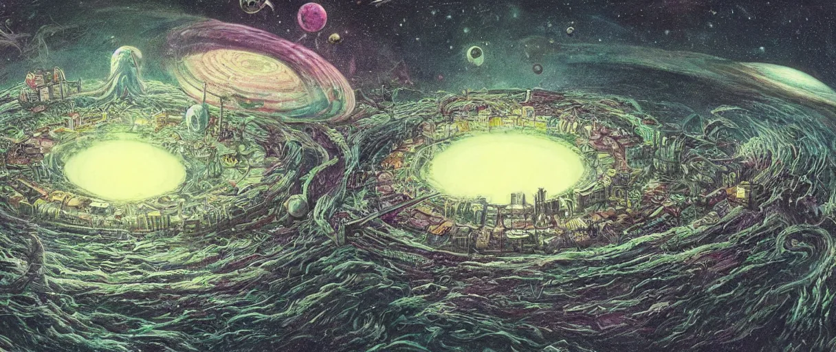 Prompt: a utopian city resting on the tongue of yog-soggoth as he slumbers curled around a wormhole in outer space