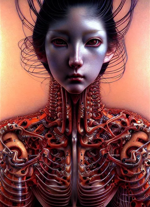 Prompt: realistic detailed photo rendered in octane 3 d, of biomechanical girl by ayami kojima, amano, karol bak, greg hildebrandt, and mark brooks, rich deep colors. beksinski painting, art by takato yamamoto. masterpiece. rendered in blender, ultra realistic, smooth shading, ultra detailed, high resolution, cinematic