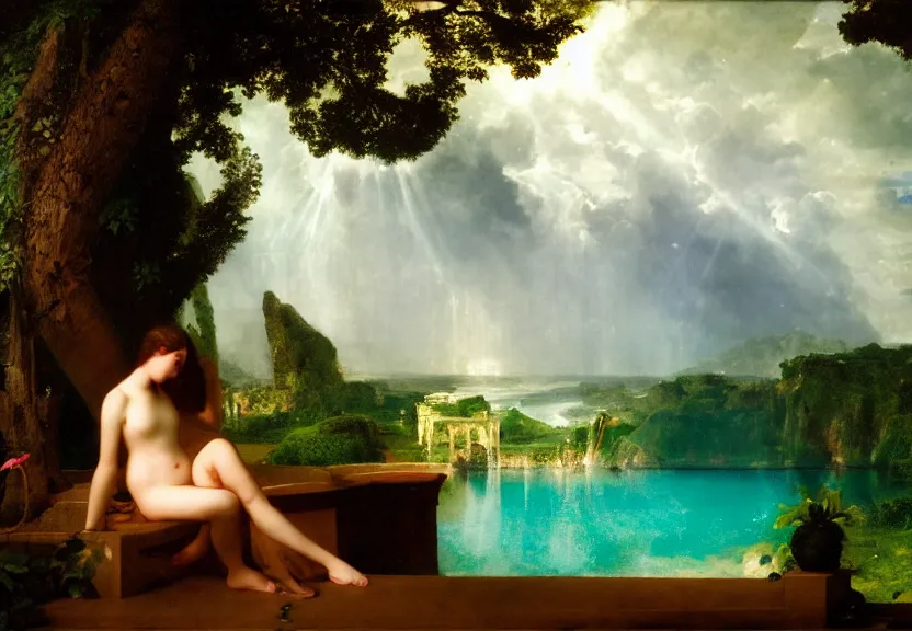 Image similar to Girl playing the palace piano, refracted sparkles, thunderstorm, greek pool, beach and Tropical vegetation on the background major arcana sky, by paul delaroche, hyperrealistic 4k uhd, award-winning, very very very detailed