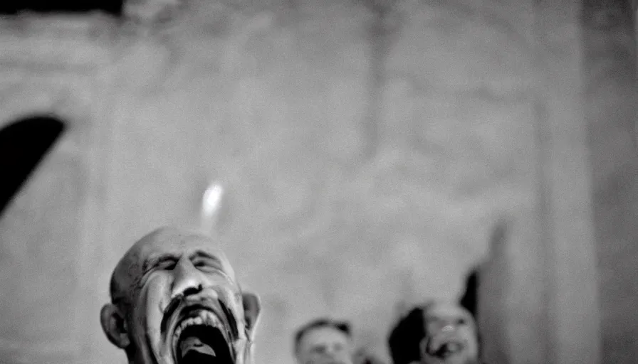 Prompt: 1 9 6 0 s movie still close - up of chrysippus of solis hysterically laughing on the floor bloody mouth in a neoclassical marble room, cinestill 8 0 0 t 3 5 mm b & w, high quality, heavy grain, high detail, dramatic light, anamorphic, detailed beard, by josef sudek