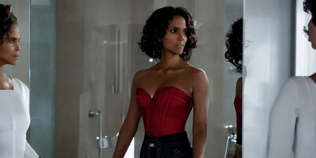 Image similar to ultra wide angle photo of halle berry dressed in a white blouse and black dress pants as diana prince looking at herself in a bathroom mirror and seeing her reflection as wonder woman