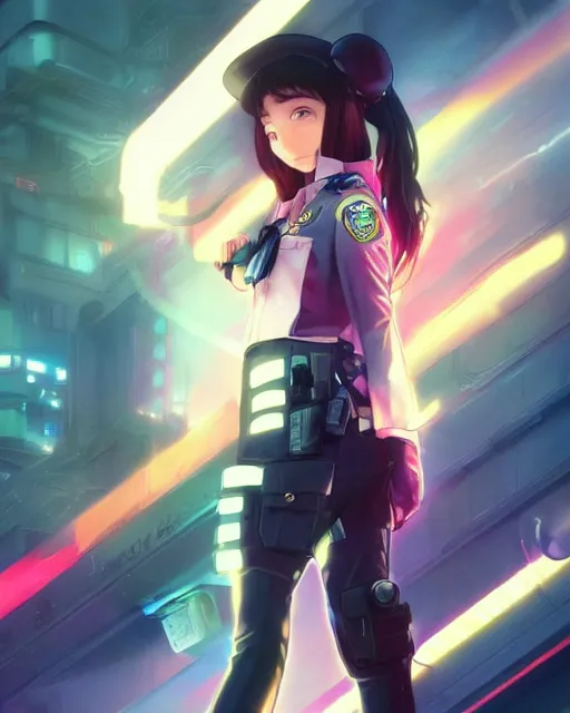 Image similar to anime key visual of a young elizabeth olzen as a police officer, neon, cyberpunk, futuristic, stunning, highly detailed, digital painting, artstation, smooth, soft focus, illustration, art by artgerm and greg rutkowski and alphonse mucha