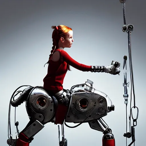 Image similar to A realistic picture of pippi longstocking in the 70’s as a cyborg robot sitting on a metal robot horse, hyper real, highly detailed