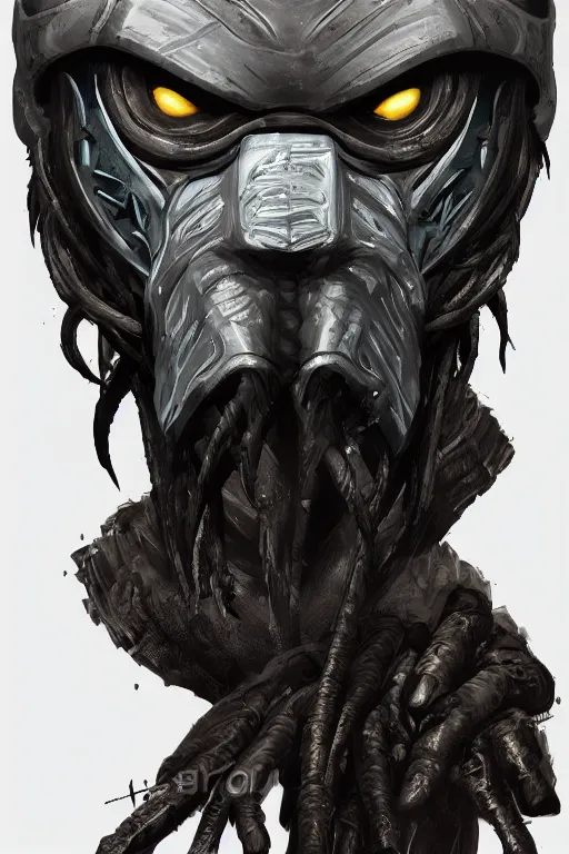 Image similar to predator 1 9 8 7 masked face redesign, portrait, highly detailed, black smooth dreads, mandables, digital painting, trending on artstation, concept art, illustration