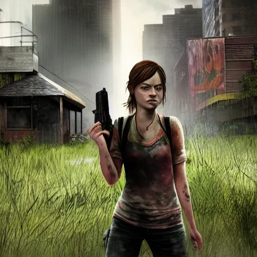 Prompt: emma stone in the last of us, apocalyptic background