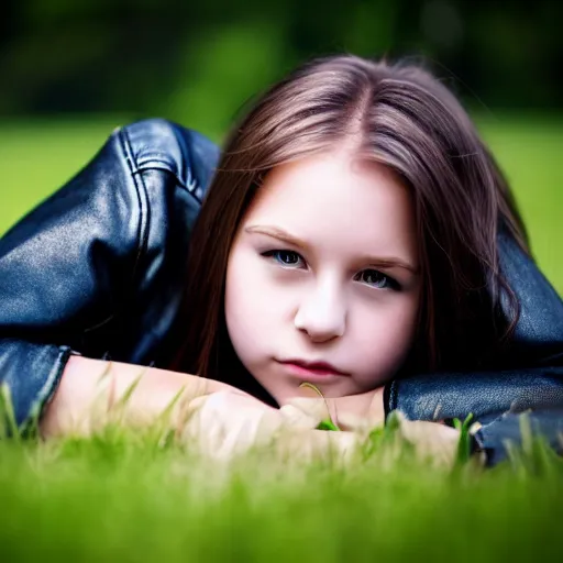 Image similar to young girl lies on a meadow, she wears leather jacket, jeans and black boots, intricate, sharp focus, photo taken by nikon, 4 k, studio lightning