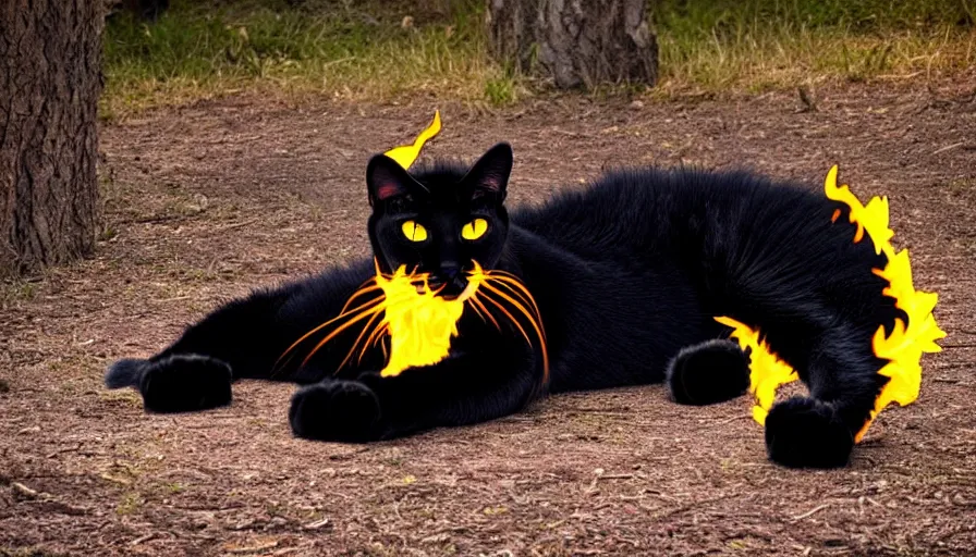 Image similar to big cat, black, fiery yellow eyes, flaming ears, paws, tail