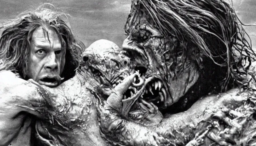 Image similar to a disgusting vile monster eating a man from The Thing, by Cronenberg and greg nicotero