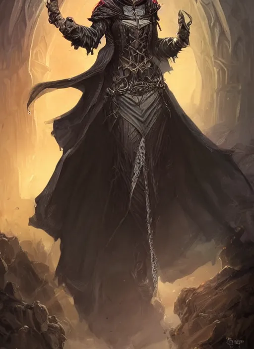 Image similar to dark black cloak female priest, ultra detailed fantasy, dndbeyond, bright, colourful, realistic, dnd character portrait, full body, pathfinder, pinterest, art by ralph horsley, dnd, rpg, lotr game design fanart by concept art, behance hd, artstation, deviantart, hdr render in unreal engine 5