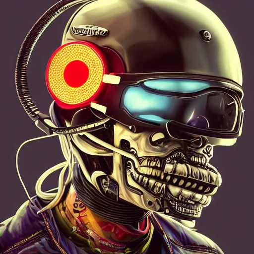 Prompt: a portrait of an anthropomorphic cyberpunk skull in a racing helmet by sandra chevrier, detailed render, tape deck, boombox, headphones, epic composition, cybernetics, 4 k realistic, cryengine, realistic shaded lighting, sharp focus, masterpiece, by matteo scalera, gary montalbano, peter elson in the style of the tokyo ghost comic