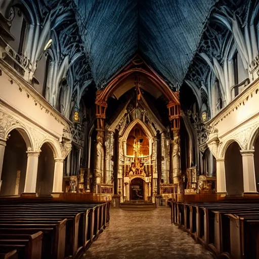 Prompt: wide shot photo taken of an epic intricate, ultra detailed, super realistic empty church after dusk filmset created by weta workshop directed by tim burton, menacing, wide angle shots, moody night time scene, photorealistic, sharp focus, gloomy, extremely cold blueish colour temperature, 3 5 mm, f 1. 4